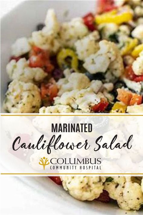 This marinated cauliflower salad will make the perfect addition to your next summer cookout! Allow time for cauliflower to marinate, and always stir before serving. Cauliflower Salad Dressing, Marinated Cauliflower Salad, Cauliflower Marinated, Marinated Cauliflower, Marinated Green Beans, Green Olive Salad, Marinated Salad, Antipasto Salad Recipe, Cauliflower Vegetable