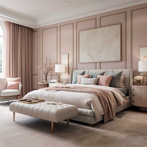 Pink Contemporary Bedroom, Small Glam Bedroom Ideas, Modern Pastel Bedroom, Adult Pink Bedroom, Bedroom Aesthetic Pink, Pink Apartment, Apartment Color Schemes, Pastel Bedroom, Sophisticated Bedroom