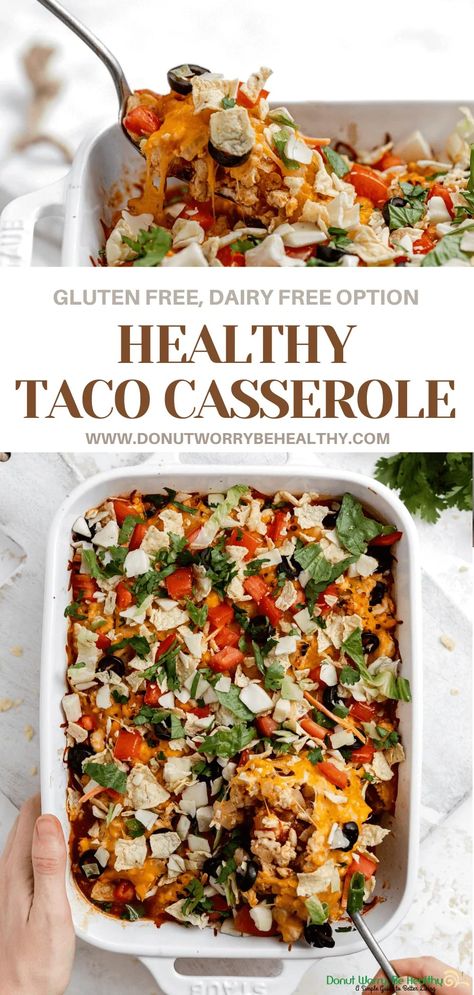 Tex-mex flavor without the tex-mex guilt! This ACTUALLY healthy taco casserole is made with all of your favorite Mexican ingredients in a lightened-up way that will leave you satisfied without weighing you down. #tacocasserole #tacotuesday #healthytacos #texmex #healthymexican #healthycasserole Tex Mex Low Carb, Paleo Taco Casserole, Gluten Free Dairy Free Taco Casserole, Easy Gluten Free Mexican Recipes, Turkey Taco Casserole Healthy, Gluten Free Tex Mex Recipes, Healthy Dish To Pass Ideas, Healthy Mexican Lunch Ideas, Healthy Chicken Taco Casserole