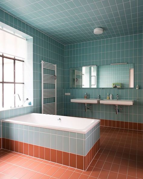 a light blue and rust bathroom fulled clad with tiles and diluted with whites here and there Colour Tile Bathroom, Colourful Tiles, David Adjaye, Bad Inspiration, Colour Combo, Simple Bathroom, Favourite Colour, Bathroom Wallpaper, Rustic Bathroom