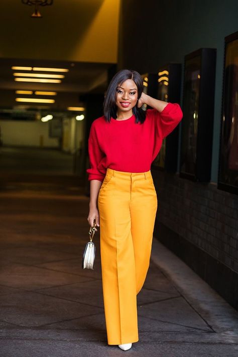 Colour Blocking Fashion, Colour Combinations Fashion, Color Combos Outfit, Color Blocking Outfits, Color Combinations For Clothes, Yellow Pants, Yellow Outfit, Colour Blocking, Work Outfits Women