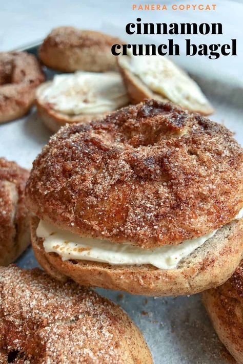 Cinnamon Crunch Bagel, Cinnamon Bagels, Panera Copycat, Bagel Recipes, Bagel Toppings, Cinnamon Crunch, Homemade Bagels, Bagel Recipe, Panera Bread