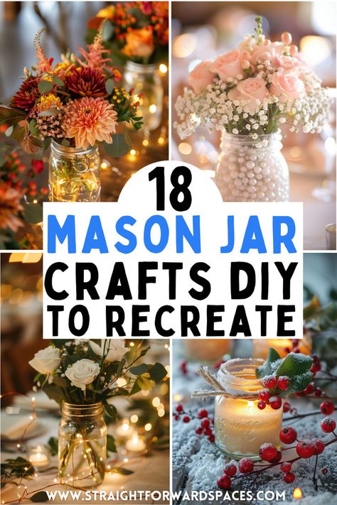 DIY mason jar crafts and centerpiece ideas for weddings and home events, featuring creative and rustic designs. Lighted Mason Jars Diy, Decor With Mason Jars, Jar Crafts Diy, Carnation Centerpieces, Table Bouquet, Jars Decoration Ideas, Mason Jar Diy Projects, Diy Mason Jar Lights, Jar Decorations