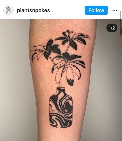 Ghost With Plant Tattoo, Rue Plant Tattoo, Unique Plant Tattoo, Houseplant Tattoos, Money Tree Tattoo, Vase With Flowers Tattoo, Vase Tattoo Design, Flower Vase Tattoo, Aurora Tattoo