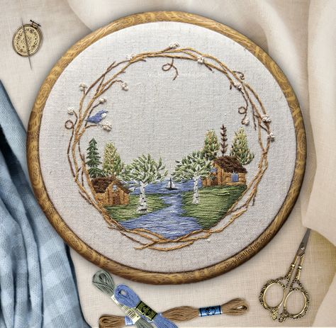 Cabin lake embroidery kit for beginners. Nature woodland  landscape embroidery pattern & complete kit. Beginner embroidery kit. 8" wall decor.  This beautiful  embroidery kit features a cabin alongside a lakeside forest nestled within the twigs of a grapevine wreath.    The design is particularly detailed and includes many many close up pictures to help you in your step by step stitching journey.   It is designed to  fit into an  8" hoop.  This modern  embroidery hoop design kit comes with everything you need including needle, preprinted fabric , full set of threads, basic stitch guide, full set of instructions, full-sized pattern, and hoop that can be used for stitching and framing (optional). All of my designs are original and are not imports. I use only high-quality colorfast threads an Fantasy Embroidery Pattern, Basic Embroidery Designs For Beginners, Bridgerton Embroidery, Embroidery Gifts For Friends, Beginner Embroidery Projects, Embroidery Patterns Beginner, Lake Embroidery, Embroidery Art Modern, Spring Cabin