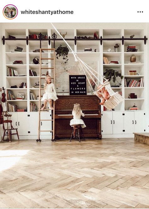 Piano Shelves, Piano Corner, Piano Room Decor, Piano Living Rooms, Childrens Swings, Piano Decor, Library Living Room, Library Wall, Piano Room