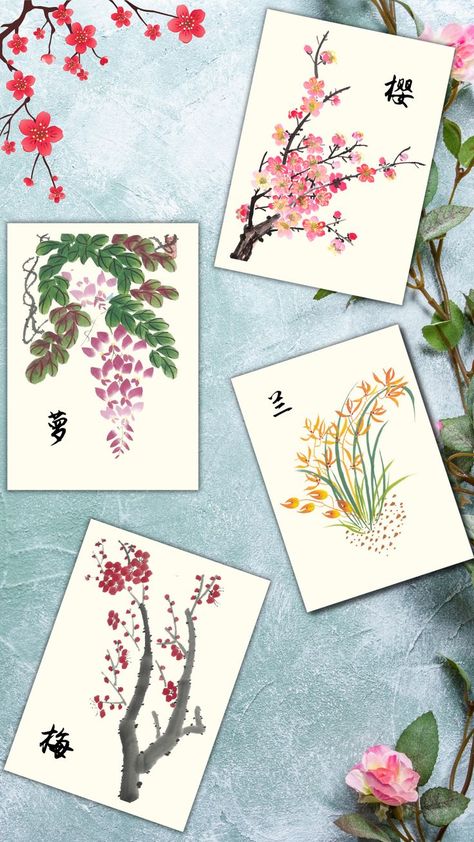 Pack of 4 Printable Chinese Greeting Cards for all occasions - Handmade Chinese Calligraphy and Painting Art Card: 萝(vine)；兰(orchid)；梅(plum)；樱(cherry blossom). Chinese Calligraphy Art, Chinese New Year Greeting, New Year Greeting Cards, Chinese Calligraphy, Art Card, Chinese Culture, Calligraphy Art, Greeting Cards Handmade, Painting Art