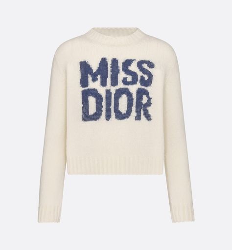 Sweater Ecru Cashmere and Silk Knit with Blue Miss Dior Graffiti Motif | DIOR Denim Swimsuit, Dior Star, Maria Grazia Chiuri, Short Denim, Maria Grazia, Silk Knit, Miss Dior, Tshirt Skirt, Round Neck Sweaters