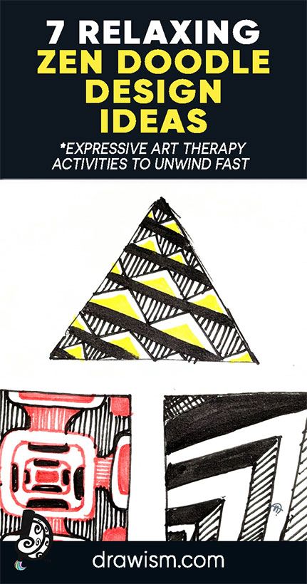 7 Relaxing Zen Doodle Design Ideas, Expressive Art Therapy Activities to Unwind During Your Day. Black and white pen drawings of random patterns using triangles, squares, rectangles, & straight lines. Yellow triangles & red rectangles. Art therapy ideas, easy drawing tutorial, drawing ideas. Doodle Design Ideas, Expressive Art Therapy Activities, Expressive Art Therapy, Art Therapy Ideas, Therapeutic Art Activities, Creative Arts Therapy, Tutorial Drawing, Easy Drawings For Beginners, Art Therapy Projects