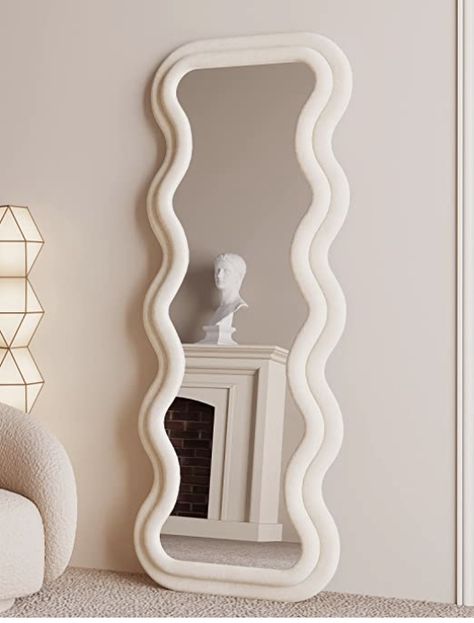 Diy Full Length Mirror Ideas, Mirror Wall Design, Wall For Bedroom, Leaning Against Wall, White Mirror Frame, Arched Floor Mirror, Mirror Standing, Wavy Mirror, Wooden Mirror Frame