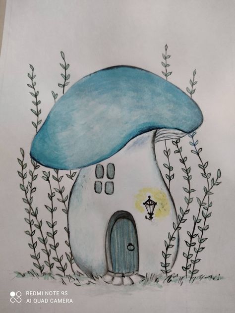 Fairy Tale Drawings Easy, Whimsical Garden Drawing, Whimsical House Drawing, Fairy Mushroom Drawing, Mushroom House Drawing, Easy Fairy Drawing, Fairy Doodle, Fall Sketches, Fairy House Drawing