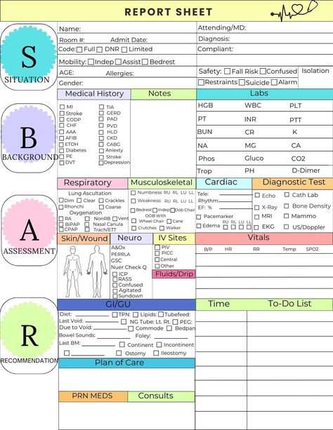 🩺📚Streamline your nursing handoff process with our SBAR Nurse Report Sheet, designed to make your patient handoffs smooth, organized, and efficient. This instant download PDF is perfect for nurses, healthcare professionals, and anyone in need of a structured report sheet for shift changes. 🏥 Key Features: *SBAR Format: Structured with the SBAR (Situation, Background, Assessment, Recommendation) format to ensure clear and concise communication. *Instant Download: Receive your PDF file immediately after purchase for quick access and convenience. *Printable: Easily print multiple copies to keep on hand for daily use. *Professional Design: Clean, organized layout for effective and efficient report-taking. ⭐️What You'll Get: *7 PDF file (8.5 x 11 inches) with the SBAR report sheet. *A user-f Documentation Nursing, Sbar Nursing, Nursing Planner, Nursing Documentation, Nurse Brain Sheet, Anatomy Education, Nurse Skills, Nurse Organization, Nurse Report Sheet