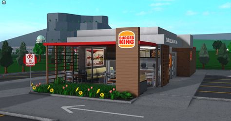 Fast Food Restaurant Bloxburg, Bloxburg Burger King, Fast Food Bloxburg Builds, Bloxburg Store Ideas Layout, Bloxburg Restaurant Ideas Exterior, Blockburg Town, Bloxburg Fast Food Ideas, Bloxburg Restaurant Layout, Bloxburg Mcdonalds