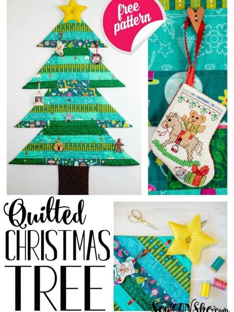 Quilted Christmas Tree Free Pattern Story : SewCanShe Free Sewing Patterns for Beginners Sew A Christmas Tree, Quilted Christmas Tree, Christmas Tree Wall Hanging, Tree Wall Hanging, Mini Christmas Stockings, Christmas Tree Quilt, Christmas Tree Wall, Christmas Sewing Projects, Holiday Sewing