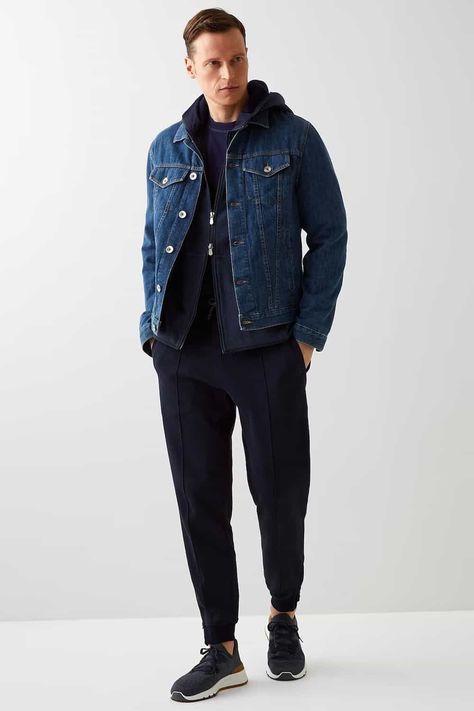 Navy Blue Denim Jacket Outfit Men, Hoodie And Denim Jacket Outfit, Mens Denim Jacket Outfit Street Styles, Blue Denim Jacket Outfit Men, Jacket Outfits For Men, Blue Denim Jacket Outfit, Denim Jacket Outfits, How To Style Sweatpants, Streetwear Outfit Men