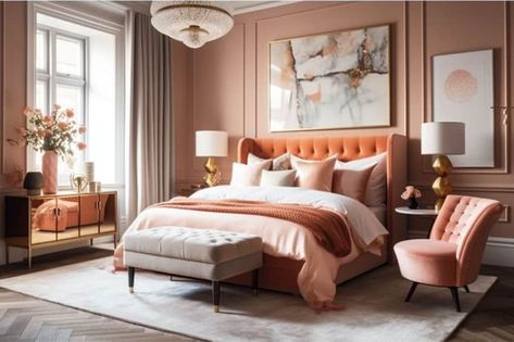 Beautiful bedroom with soft pink walls and muted orange headboard Muted Orange Bedroom, Orange Pink Beige Bedroom, Dusty Pink Feature Wall Bedroom, Dusk Pink Bedroom, Dusky Pink And Mustard Bedroom, Pink Color Drench Bedroom, Dulux Copper Blush Bedroom, Soft Pink Walls, Pink And Beige Bedroom