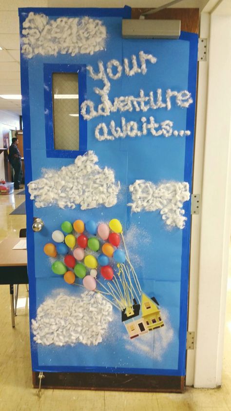 Your adventure awaits... I'm so in love with my classroom door for my Up themed classroom! I wish I had made the house 3D, but other than that it turned out exactly like I envisioned it. Disney Pixar's Up is one of my favorites! Disney Up Door Decoration, Dream Big Classroom Door Ideas, Disney Doors Classroom, Door Decor Kindergarten, Adventure Classroom Doors, Pixar Door Decorations, Up Door Decorations Classroom, Disney School Door Decorations, Disney Up Classroom Theme