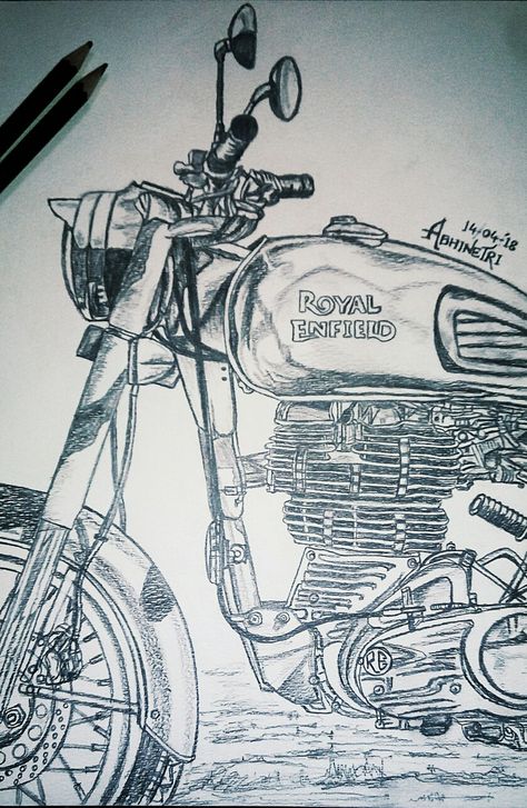 Love for Royal Enfield by Abhinetri Madinkar Royal Enfield Drawing Pencil, Bullet Drawing Royal Enfield Easy, Royal Enfield Drawing Sketches, Bike Sketch Motorcycles, Royal Enfield Sketch, Royal Enfield Drawing, Bikes Sketch, Bullet Drawing, Royal Enfield Classic 350cc