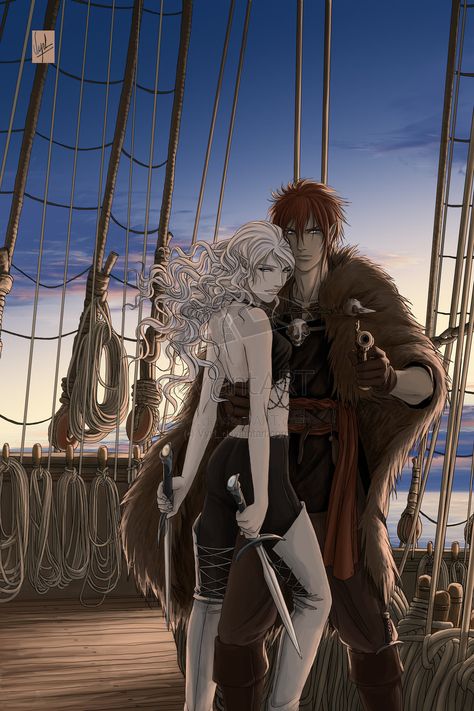 On Without-Color shipboard by Vyrhelle-VyrL on DeviantArt Ornstein And Nameless King, Pirate Couple Art, Pirate Romance Art, Lotr Elladan And Elrohir, Mermaid Love Couple Fantasy Art, Fantasy Love, Fantasy Couples, My Fantasy World, Fantasy Images