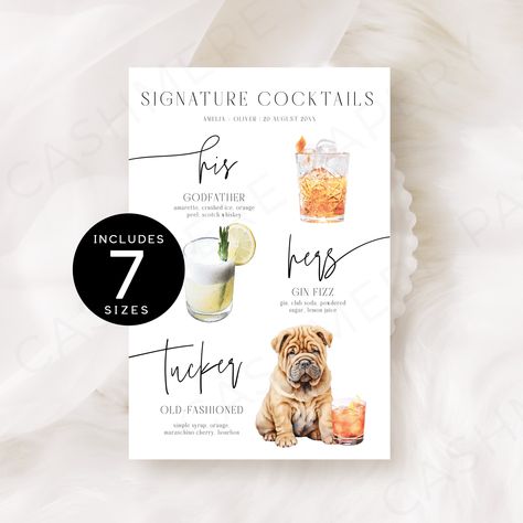 Wedding Drink Menu Dogs His and Hers Signature Drinks Pet - Etsy His Her Drinks Wedding, Wedding His And Hers Cocktails, His And Hers Drinks Wedding, Cocktail Signs, Drink Menu Design, Wedding Drink Menu, Dog Template, Signature Cocktails Wedding, Signature Cocktail Sign