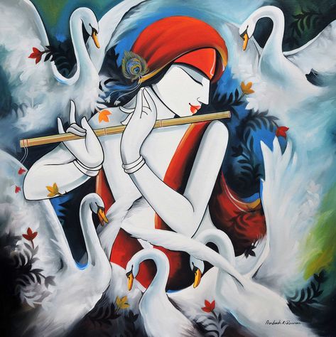 Music Iover - Portrait/Figures Acrylic Painting | World Art Community Radha Krishna Modern Art Paintings, Radha Krishna Abstract Painting, Krishna Abstract Painting, Radha Krishna Abstract, Radha Krishna Modern Art, Diwali Painting, Women Artwork, Buddha Painting Canvas, Canvas Art Decor