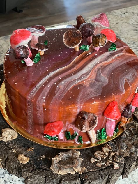 Happy Birthday Mirror Glaze Mushroom Carmel Coffee Expresso Cake Shroom Cake, Birthday Cake Mushroom, Trippy Cake, Expresso Cake, Mushroom Birthday Cake, Birthday Mirror, Enchanted Forest Cake, Carmel Coffee, Autumn Cake