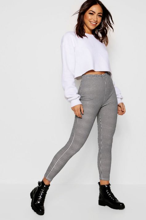 Dogtooth Crepe Leggings | Boohoo Checkered Sweater Outfit, Black And White Checkered Sweater, Form Outfits, Spy Outfit, Checkered Sweater, Biker Shorts Outfit, Sixth Form, Random Fashion, College Fits