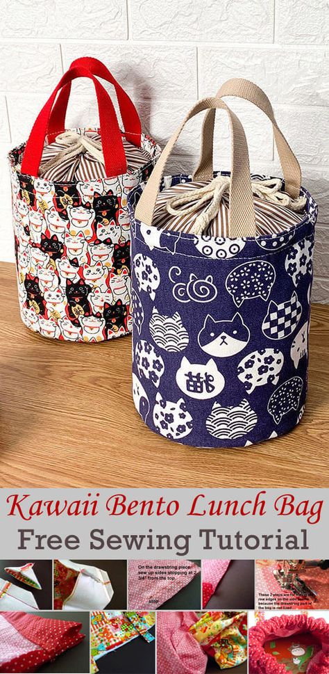 Kawaii Bento Lunch Drawstring Bag Tutorial Easy Bag Tutorial, Lunchbox Sewing Pattern Free, Free Sewing Bag Patterns, Lunch Bag Sewing Pattern, Lunch Bag Pattern, Drawstring Bag Tutorial, Lunch Bags Pattern, Sewn Bags, Bento Lunch Bag