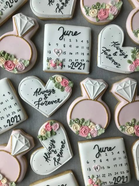 Your Engagement Party Guide: Everything You Need to Know - hitched.co.uk Wedding Cookies Decorated, Wedding Shower Cookies, Anniversary Cookies, Engagement Cookies, Bridal Cookies, Bouquet Cake, Wedding Cake Cookies, Bridal Shower Inspo, Bridal Shower Planning