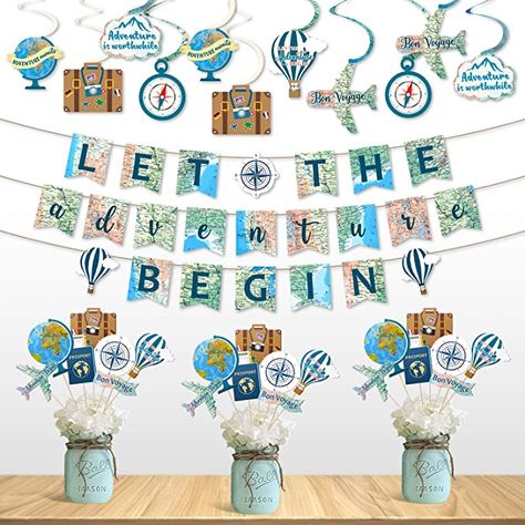 Travel Party Decorations, Travel Theme Party, Explorer Birthday Party, Bon Voyage Party, Retirement Decorations, Goodbye Party, Adventure Decor, Travel Party Theme, Centerpieces Party