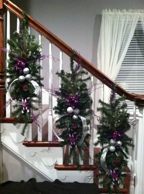 Stairway Garland, Christmas Banister, Christmas Stairs Decorations, Christmas Staircase Decor, Christmas Stairs, Christmas Staircase, Stair Case, Purple Christmas, Christmas Swags