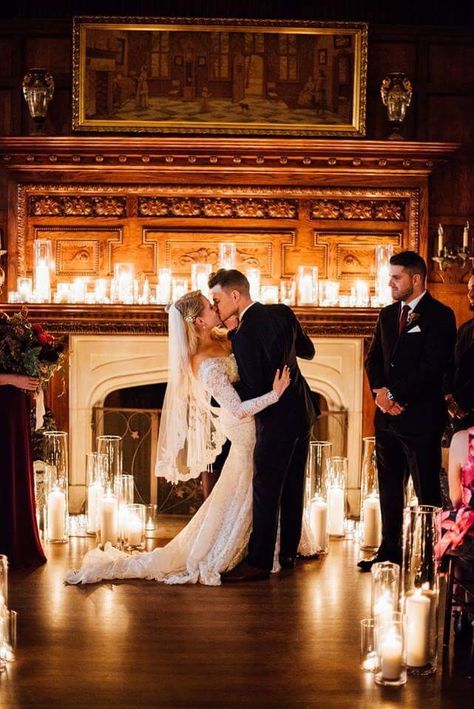 Romantic Candlelit Wedding, Candlelit Ceremony, Wedding Fireplace, Candlelit Wedding, Candle Lit Wedding, Winter Wedding Venues, Tacoma Wedding, Winter Wedding Hair, Wedding Venues Indoor