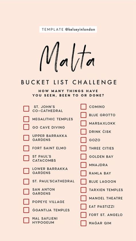 Travel Bucket Lists, Bucket List Challenge, Malta Travel Guide, Australia Bucket List, Malta Travel, List Challenges, Travel Wishlist, Voyage Europe, Story Templates