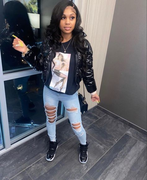 Baddie Jordan 11 Outfit, Jubilee 11s Outfit Women, Outfit Ideas With Jordan 11s, Jordan Retro 13 Outfit Women, Gratitude 11s Outfit, Ripped Jeans Outfit Black Women, Jordan 11 Outfit Women Baddie, Cute Jordan Outfits, Jordan 13 Outfits Women