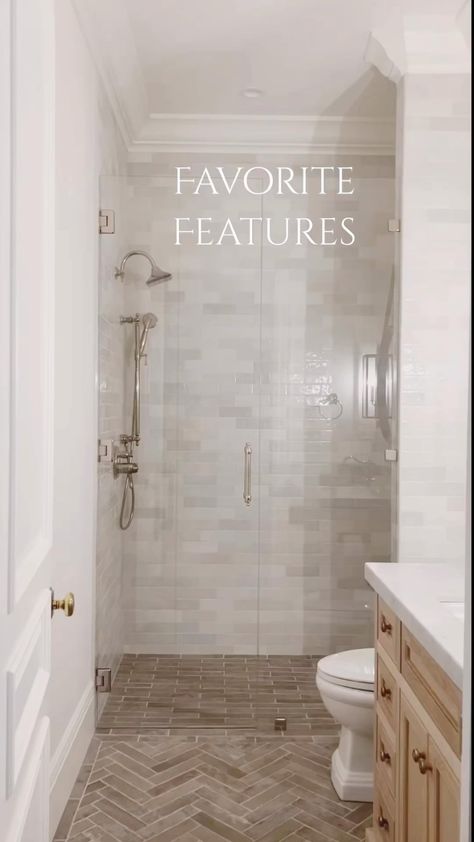 Tricia Crist | Favorite features of my son’s bathroom! We had planned to do herringbone shower floors til they explained right before install that there… | Instagram Master Bath Stone Floor, Chevron Floor Bathroom, Shower Floor And Bathroom Floor Same, Flat Shower Floor, Master Bath Herringbone Floor, Sloped Shower Floor, Master Bath Wood Tile Floor, Shower Floor Tile Herringbone, Floor To Shower Transition