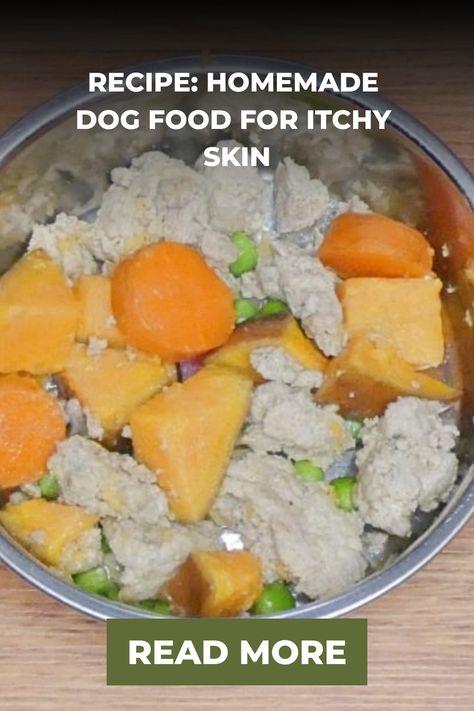 Bowl of homemade dog food with ground meat, carrots, peas, and sweet potatoes, with text overlay "Recipe: Homemade Dog Food for Itchy Skin, Read More". Dog Food Allergy Diet, Diy Dog Treats For Itchy Skin, Homemade Dog Food Recipes For Itchy Skin, Diy Dog Food For Skin Allergies, Grain Free Homemade Dog Food, Homemade Dog Treats For Itchy Skin, Home Made Dog Food For Senior Dogs, Dog Food Topper Recipe, Homemade Dog Food For Itchy Skin