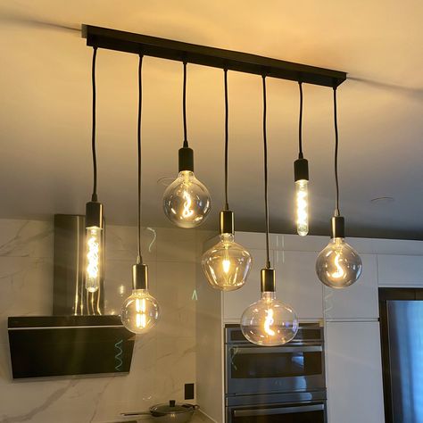 Let me introduce this fully customizable 3-7-pendants cluster chandelier with metal lamp sockets. This lamp will perfectly decorate any café, bar, restaurant as well as room of your house and will be great as bar lighting, kitchen island lighting, dine room lighting for your house or apartments. You can use a lamp which you prefer - incandescent or LED up to 60W. Lamp base is E27/E26. Suitable for 110-120/220-240V. Default cord color is black, but I can install any color from palette on pic.3. H Kitchen Island Down Lights, Bar Counter Lighting Ideas, Light Fixtures Island, Dining Room And Island Lighting, Kitchen Ceiling Lamp, Lights Over Breakfast Bar, Soft Kitchen Lighting, Light Ideas For Kitchen, Kitchen Island Lights Ideas