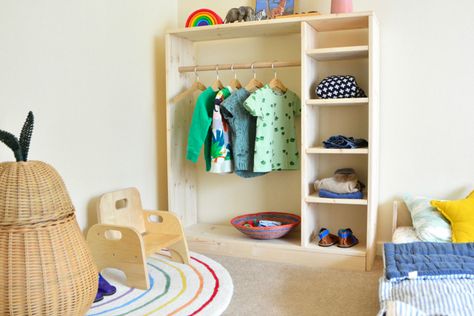 Montessori toddler dressing area at How we Montessori Montessori Dressing Area, Girls Dressing Room, Montessori Wardrobe, Childrens Wardrobes, Montessori Bedroom, Montessori Room, Montessori Toddler Activities, Learning Games For Kids, Baby Education