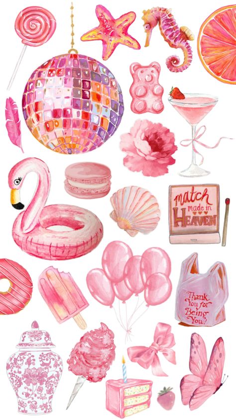 Aesthetic pink collage. Mirrorball. Starfish. Candy. Cocktail. Seashell. Flamingo. Ballons. Butterfly. Cake. Bow. Strawberry. Matches. Donut. Rose. Cotton candy. Popsicle. Pink Collage, Bond Paper Design, Butterfly Cake, Wallpaper Iphone Summer, Magazine Collage, Pink Cotton Candy, Pink Vibes, Aesthetic Pink, Pink Wallpaper