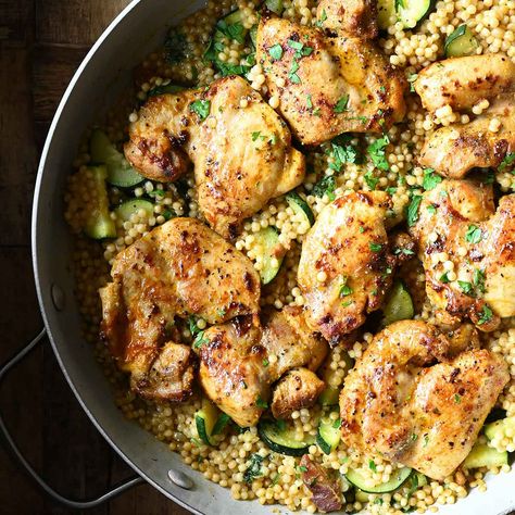 One pan Lemon Chicken with Pearl Couscous - Serving Dumplings Lemon Chicken Couscous, Pear Couscous Recipe, Chicken And Pearl Couscous, Couscous And Chicken Recipes, One Pan Lemon Chicken, Pan Lemon Chicken, Serving Dumplings, Pearl Couscous Recipes, Lemon Chicken Thighs