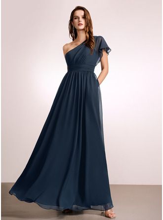 A-Line One-Shoulder Floor-Length Bridesmaid Dress With Ruffle (007262597) - JJ's House Dress Classy Elegant, Prom Dresses Classy, Navy Evening Dresses, Navy Blue Bridesmaid, Dusty Blue Dress, Maid Of Honor Dress, Classic Prom Dress, Evening Dress Patterns, Bridesmaid Outfits