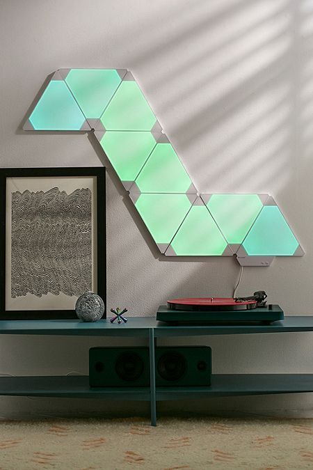 Nanoleaf Design Ideas 9 Panels, Nanoleaf Design Ideas, Nanoleaf Designs, Nanoleaf Aurora, Nanoleaf Lights, Childcare Rooms, Modular Lighting, Light Panels, Video Game Rooms