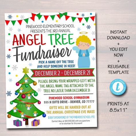 "Christmas Angel Tree Fundraiser Flyer. Awesome and ADORABLE, this Christmas angel tree nonprofit charity flyer features cute and festive holiday graphics. Get your holiday charity events started right... this printable invite flyer will set the mood right away! This is a invite/printable flyer/poster that is simple to use. Printable invitations and posters are very affordable and great because you can print as many as needed - hand out personally to members of your community and post up signs n Christmas Eve Mass, Christmas Charity, Community Ideas, Pta Fundraising, Church Fundraisers, School Pto, Fundraiser Flyer, Holiday Graphics, Angel Tree