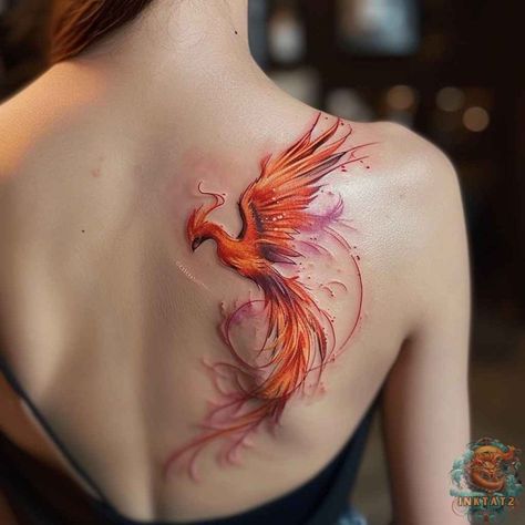 The Symbolism and Significance of the Phoenix Bird Tattoo: A Timeless Design of Rebirth and Renewal: 85 Designs - inktat2.com Colored Pheonix Tattoo, Soaring Phoenix Tattoo, Coloured Phoenix Tattoo, Phoenix Back Tattoos For Women, Phönix Tattoo Design Women, Phinex Tattoo Arm, Phoenix Bird Tattoo Women, Phoenix Tattoo Shoulder For Women, Phenix Tattoo For Women Ribs