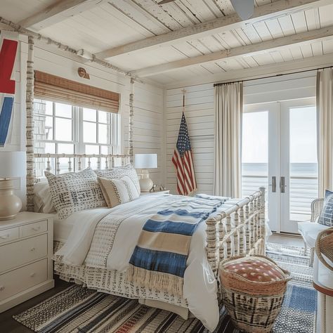 Americana Coastal Bedroom Concept with Blue Accents Blue Coastal Bedroom, Patriotic Bedroom, Tan Bedroom, Bedroom Concept, Coastal Theme, Dream Beach Houses, Coastal Contemporary, Wallpaper Walls Decor, Wood Room