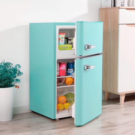 Insignia™ Retro 3.1 cu. ft. Mini Fridge with Top Freezer Cool mint green NS-CFR32MT1 - Best Buy Rv Snacks, Mini Fridge In Bedroom, Retro Mini Fridge, Mini Fridge Stand, Dorm Necessities, Basement Office, Retro Fridge, Small Fridges, Retro 3