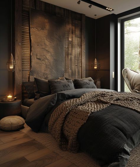 Eco friendly rustic bedroom featuring upcycled furniture pieces Masculine Bedroom Design, Male Bedroom Ideas, Modern Rustic Bedrooms, Masculine Bedroom, Moody Bedroom, Dark Bedroom, Mens Bedroom, Inspire Me Home Decor, Bedroom Retreat