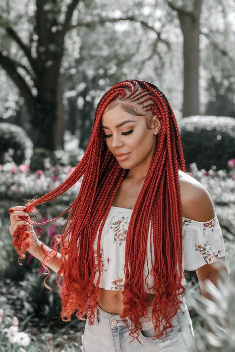 Embrace your bold style with this stunning red updo, a perfect choice for those looking to highlight their beauty in 2024. These braided hairstyles for black women showcase intricate twists adorned with stylish beads, making them not only easy to achieve but also a vibrant statement. Whether for a special event or everyday wear, this red look is sure to turn heads! Explore the world of braided hairstyles for black women with this striking option. #braidedhairstylesforblackwomen Red Braided Hairstyles, Red Updo, Braid Colors, Braid Styling, Twist Braid, Beads Making, Hairstyles For Black Women, Braided Hairstyles For Black Women, Bold Style