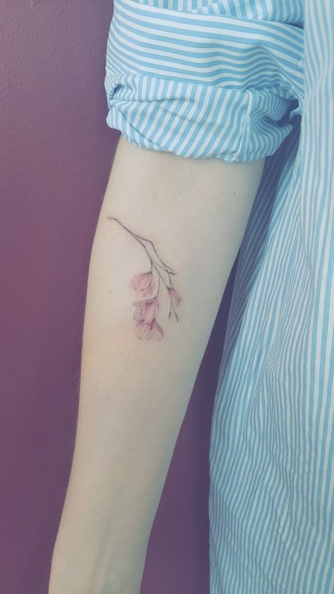 Magnolia Tattoo Watercolor, Dainty Magnolia Tattoo, Pink Magnolia Tattoo, Magnolia Branch Tattoo, Small Magnolia Tattoo, Magnolia Flower Tattoo, Pink Magnolia Flower, Violet Flower Tattoos, Memorial Tattoo Ideas