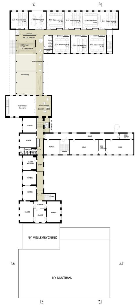 Image 4 of 14 from gallery of Marselisborg High School / GPP Architects. plan 02 School Building Plans, School Floor Plan, High School Plan, High School Design, School Floor, High School Project, School Building Design, School Interior, School Plan